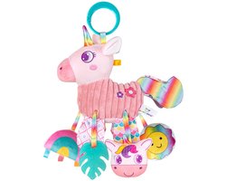 Babyspeelgoed - Sensorisch speelgoed - Roze eenhoorn baby activiteit pluche - Hangspeelgoed voor de kinderwagen met bijtring en rammelaar, geschikt voor de zintuiglijke ontwikkeling van baby's