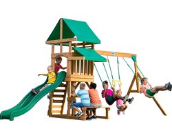 Backyard Discovery Belmont Speeltoestel - Speeltoren met Schommels, Glijbaan, Zandbak en Picknicktafel - Speelhuis met verdieping van hout voor de tuin / buiten