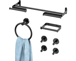 Bad & Handdoek Rek - Badkamer Accessoires Set - Wandgemonteerde Handdoekhouder - 7PCS Zelfklevende Set - Toilet Papier Houder - Handdoek Ring - Badjas Haken - Badkamer Toilet