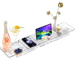 Badblad - Uitschuifbaar Badplankje - Badblad met Boekenplankje - Badmat Past Op De Meeste Badkuipen - Badkameraccessoires - Handdoekenrek - Doorzichtig