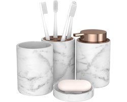 Badkamer Accessoire Set 4-delig – Marmerlook Wit/Goud – Luxe Set met Zeepdispenser, Tandenborstelhouder, Beker & Zeepbakje – Keramisch Design