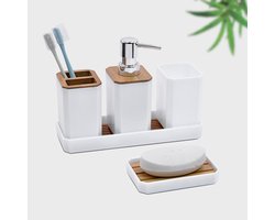 Badkamer Accessoire Set - 5-Delig Badkamer Accessoires - Zeepdispenser, Zeepschaal, Tandenborstelhouder, Tandenborstelbeker, Opbergschaal - Bohemian Moderne Badkamer Decoratie (Wit)