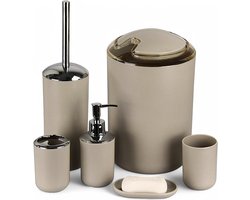 Badkamer Accessoire Set 6-delig – Beige – Incl. Zeepdispenser, WC-borstel, Prullenbak, Beker & Tandenborstelhouder – Complete Badkamer Set