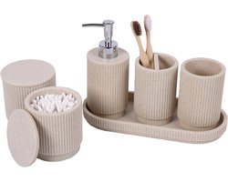 Badkamer Accessoire Set 6-delig – Beige Strepen – Luxe Kunsthars Set met Zeepdispenser, Tandenborstelhouder, Beker & Opbergpotjes – Art Deco Design