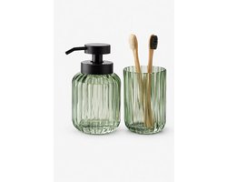 Badkamer Accessoire Set Groen Glas – Zeepdispenser & Tandenborstelhouder – Geribbeld Design
