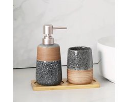 badkamer Accessoires - 3-delige keramische badkamer toiletartikelen set - inclusief mondwaterbeker + lotionflesje + houten dienblad