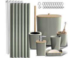 Badkamer accessoires set 20 delig saliegroen met douchegordijn badmat en prullenbak complete badkamerset