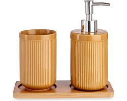 Badkamer accessoires set 3-delig camel bruin gestreept van keramiek - Zeeppompje - Beker - Tray