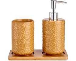 Badkamer accessoires set 3-delig camel bruin relief van keramiek - Zeeppompje - Beker - Tray