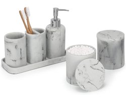 Badkamer Accessoires Set - 6 Stuks - Wit Marmer Design - Tandenborstelhouder - Lotion Zeepdispenser - 2 Qtip Houder - Vanity Tray - Badkamer Tumbler - Luxe Organizer