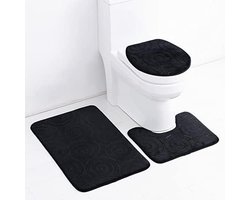 Badkamer Accessoires Set - Antislip Badmatten - 3-delige Badkleding Badkuip Vloermatten - Zijabsorberende Tapijten - Toiletdekselafdekking - Zwart - Huisdecoratie.