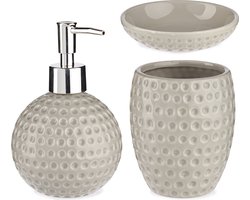 Badkamer accessoires set met stippen 3-delig kiezelgrijs van keramiek - Schaaltje - Zeeppompje - Beker