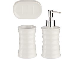 Badkamer accessoires set met strepen 3-delig creme wit van keramiek - Schaaltje - Zeeppompje - Beker