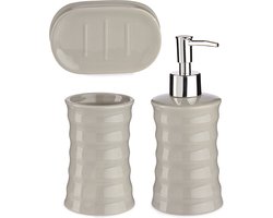 Badkamer accessoires set met strepen 3-delig kiezel grijs van keramiek - Schaaltje - Zeeppompje - Beker