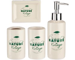 Badkamer accessoires set met tekst 4-delig gebroken wit van keramiek - Schaaltje - Zeeppompje - Tandenborstelhouder - Beker