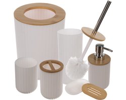 Badkamer Accessoires Set Wit met Bamboe - 6 Delig - Prullenbakje, Toiletborstel, Beker, Zeepdispenser, Tandenborstelhouder en Zeepbakje