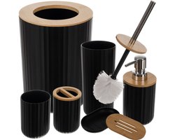 Badkamer Accessoires Set Zwart met Bamboe - 6 Delig - Prullenbakje, Toiletborstel, Beker, Zeepdispenser, Tandenborstelhouder en Zeepbakje
