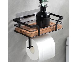 Badkamer Accessoires - Toiletpapierhouder Met Opbergvak - 1 Stuks - Zelfklevend Of Te Boren - Massief Hout En Metaal Design - Voor Vochtige Doekjes En Telefoons - Natuurlijk Hout En Zwart