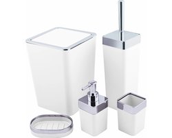 Badkamer Accessoires Wit - Vijfdelig set - Zeepdispenser – Tandenborstelorganizer – Toiletborstel & houder – Prullenbak