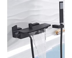 Badkamer badkuipkranen, cascade wandspuit, badkuipvulling in massief messing, doucheknoppen, combi douchesysteem, zwart