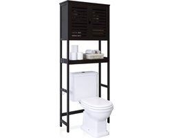Badkamer boven het toilet opbergkast, 2-deurs bamboe kast organizer, vrijstaand ruimtebesparend toiletrek met verstelbare binnenplank en open plank (zwart)