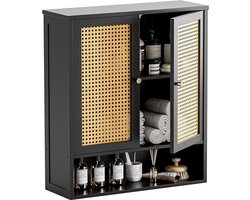 Badkamer Hangkastje Met Rotan Deuren - Bamboe Wandkast Boven Het Toilet - Ruimtebesparende Opbergkast Met 2 Deuren En Verstelbare Planken - Wandmontage Medicijnkast Voor Badkamer, Keuken En Woonkamer - Zwart