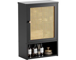 Badkamer Hangkastje – Rotan Wandkast van Bamboe boven Toilet, Ruimtebesparend met 1 Deur en Verstelbare Planken, Zwart