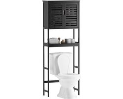Badkamer Kastje Over Toilet - Bamboe 2-Deurs Opbergkast - Vrijstaand Toilet Organizer Rek - Ruimtebesparend - Verstelbare Binnenplank & Open Plank - Zwart - Badkamer Accessoire - Handdoek & Toiletartikelen Opberger