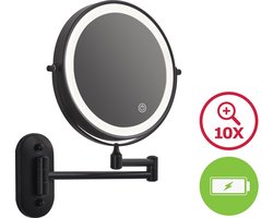 Badkamer Make Up Spiegel Rond 10x Vergroting - Ingebouwde Batterij - LED Verlichting - Badkamerspiegel Muurbevestiging - Douche - Zwart