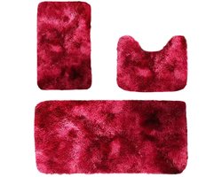 Badkamer Matten Set - Dikke Zachte Antislip Badmat - Absorberend & Reukloos - Voor Douche, Toilet, Deur - Wasbaar Vloerkleed - Wijnrood- 3 Stuks