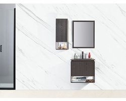 Badkamer meubel - 60x56,5x45,5cm - Mat zwart - Spiegel - Hangkast - Wastafel keramiek - Industrieel - Hangend