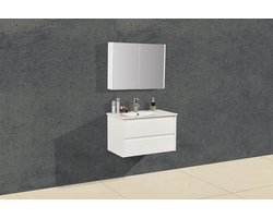 Badkamer meubel - 78,5x48x44cm - Hoogglans wit - Spiegel kast - Wastafel keramiek - Hangend