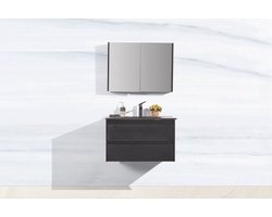 Badkamer meubel - 78,5x48x44cm - Mat zwart - Spiegel kast - Wastafel keramiek - Hangend