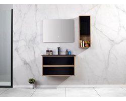 Badkamer meubel - 79x48x45cm - Mat zwart - LED spiegel - Hangkast - Wastafel keramiek - Hangend