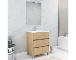Badkamer meubels 60cm Licht Eiken 3 Laden, Wastafel, Spiegel 60x80 een Led strip - XENOS
