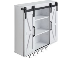 Badkamer Muurkast Met Instelbare Plank, 2 Deuren en Open Opslagruimte, Muurgeplaatste Organizer Met Handdoekenstang en Haken voor Keuken, Wasruimte Of Boven De Toilet Gebruik, Wit