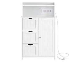 Badkamer opbergkast Staand dressoir 30 x 60 x 100 cm Wit Multifunctionele opbergruimte Met deur, lade, verstelbare plank en stopcontact Stevig houten frame Stijlvol modern ontwerp Geschikt voor badkamer, slaapkamer en keuken