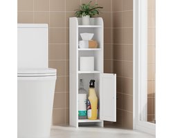 Badkamer Opbergkast - Toiletkast Smal - Ruimte Besparen - Met Deur En Planken - 79cm Hoog - Wit