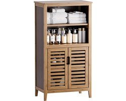 Badkamer Opbergkast – Vrijstaande Bamboe Kast met Deuren en 2 Verwijderbare Planken, Zij Opberg Organisator, Walnoot