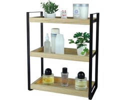 Badkamer- & Opbergrek 3 Niveaus – Modern Hout & IJzer – Compact & Roestbestendig – Wastafel, Toilet & Bureau Organizer