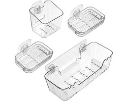 Badkamer Organizer 4 Stuks Set - Douche Opbergrek Zonder Boren met Zeepbakje en Bad Speelgoedhouder - Zelfklevende Wandhouder voor Shampoo Douchegel Spons en Accessoires - Transparant