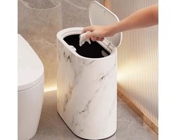 Badkamer Prullenbak - Afvalbak Deksel - Ruimte Besparen - Smalle Wandmontage - 12 Liter - Marmer Hout