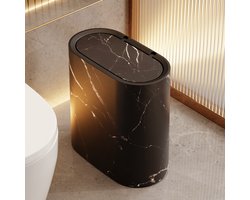 Badkamer prullenbak met deksel, kunststof marmeren prullenbak met houtnerf, compacte prullenbak, slanke prullenbak, moderne prullenbak voor thuis of hotel - Zwart