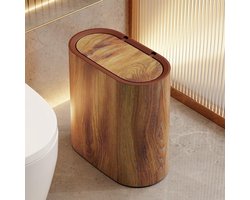 Badkamer prullenbak met deksel, kunststof marmeren prullenbak met houtnerf, compacte prullenbak, slanke prullenbak, moderne prullenbak voor thuis of hotel - Houtnerfafwerking