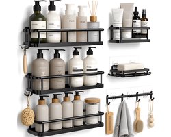 Badkamer Rek Set 6 Delig - Wandrek Zonder Boren - Douche Rek - Badkamer Organizer - Wandplank voor Shampoo en Toiletartikelen - Met Zeepbakje en Haken - Zwart
