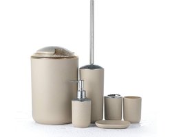 Badkamer set, 6-delig, badkamer accessoires set: flesje, tandenborstelhouder, tandenborstelbeker, zeepbakje, toiletborstel en prullenbak
