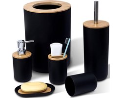 Badkamer Set 6 Delig - Bamboe Houten Badkamer Accessoires - PP+Bamboe Materiaal - Badkamer Set met Afvalbak en Toiletborstel - Zeephouder - Tandenborstelbeker - Zwart