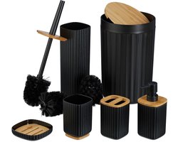 badkamer set - 6-delig - met prullenbak - kunststof - bamboe - zwart