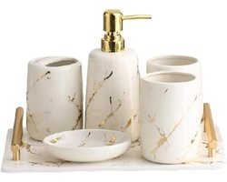 Badkamer set - Accessoireset - Badkamer decoreren - Keramiek met marmerlook - 6-delig - Wit