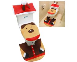 Badkamer Set - Kerst Toiletbrilhoes - 3 Delig - Warm Gevoerd Voor Ronde en Ovale WC - Rood en Groen Feestdecoratie